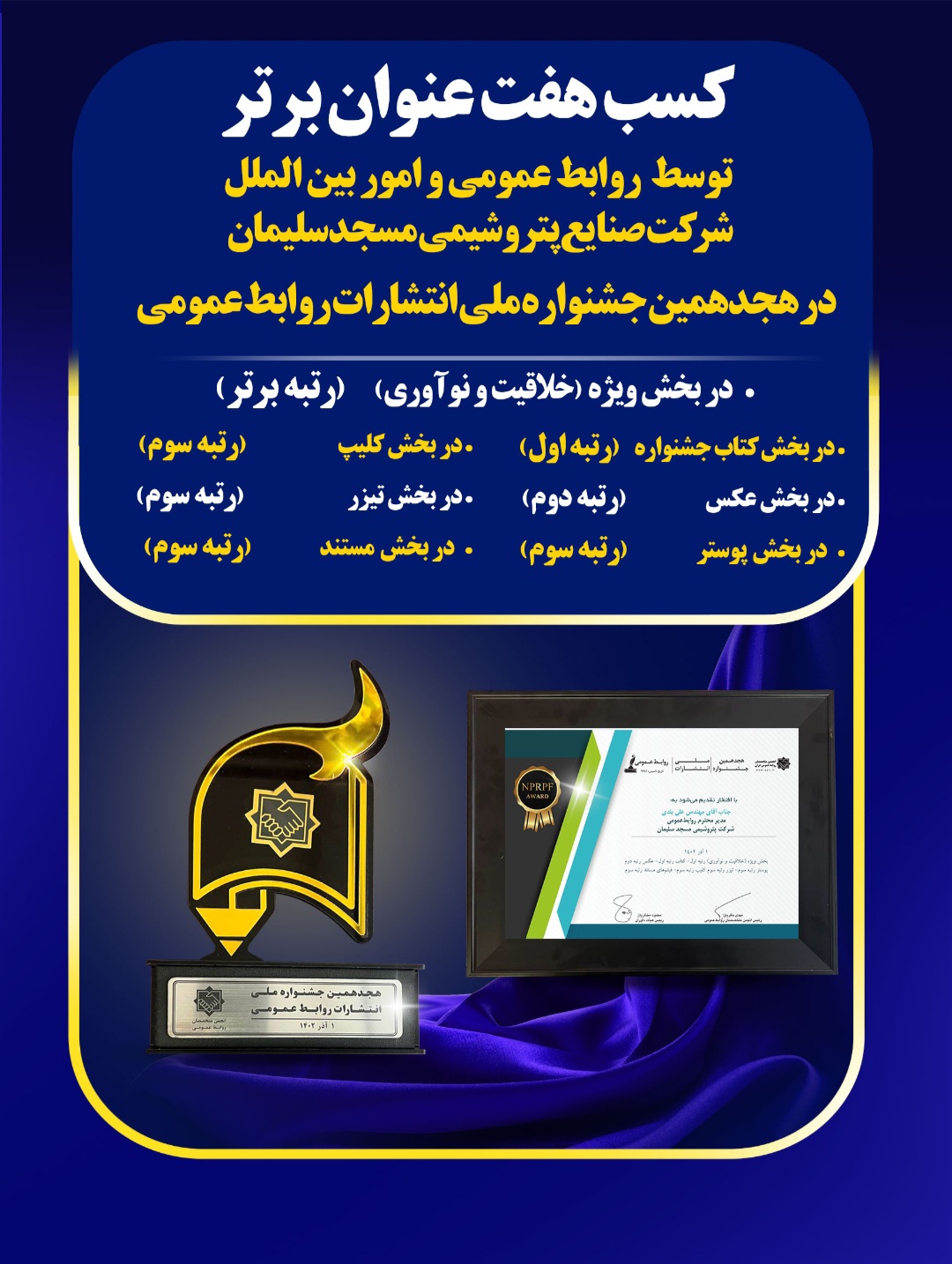 کسب هفت عنوان برتر توسط روابط عمومی و امور بین الملل شرکت صنایع پتروشیمی مسجدسلیمان در هجدهمین جشنواره ملی انتشارات روابط عمومی