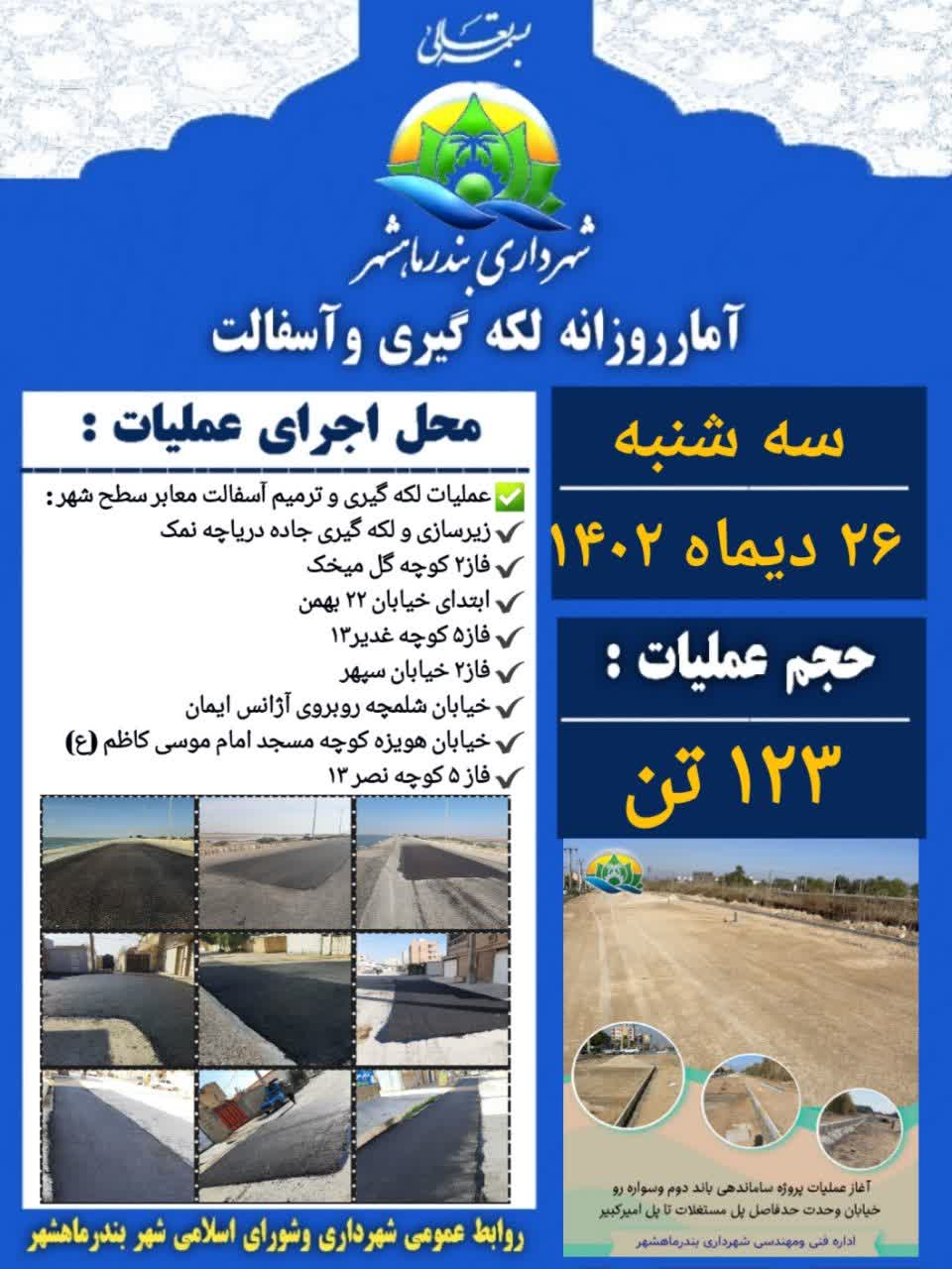 عملیات زیرسازی و آسفالت روز سه شنبه ۲۶ دی ماه